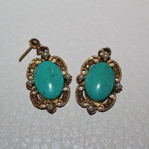 VINTAGE TURQUOISE GOLD EARRINGS STUDS VERY UNIQUE